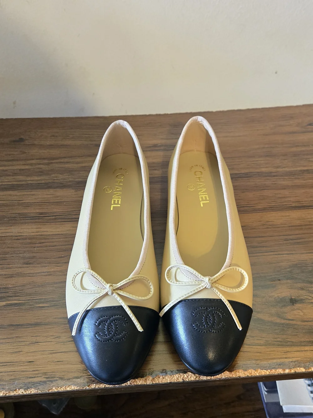Chanel Two-Tone Leather Cap-Toe Ballet Flats in Beige & Black